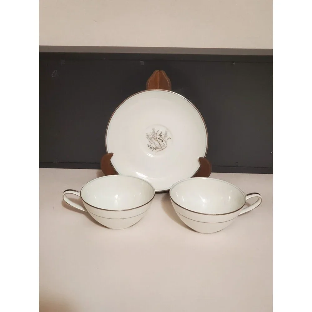 Noritake Teacups Saucer Japan Taryn 5912 Silver White Floral China 3 Pc Set Vtg